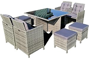 Pawmate 9PC Rattan Garden Furniture Patio Dining Set with Table and 8 Seater Piece Weave Wicker Stool Grey Indoor/Outdoor