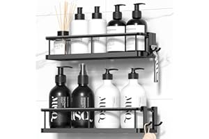 YASONIC Mensole Doccia Mensole Bagno, 2 Pezzi Portaoggetti doccia con 4 ganci Removibili, Impermeabile e antiruggine Mensola Bagno senza Foratura, Organizer Doccia Mensola Bagno Adesiva - Nero
