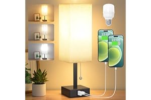 Aooshine Bedside Lamps, Table Lamp with USB C+A Charging Ports, Small Lamp with 3-Color Modes with Pull Chain, Bedroom Lamps with Beige White Fabric Shade(LED Bulb Included)