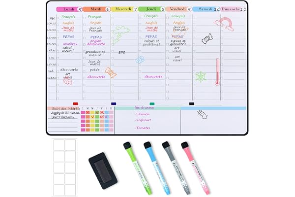 POPRUN Planning Semaine magnetique emploi du temps,Tableau Semainier Organisateur Frigo effaçable,idéal pour Planification des Tâches,Menus,Projets,Organiseur Hebdomadaire Repas 42×28cm - en Français