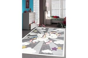 CARPETIA Tapis Enfants Tapis de Jeu Tapis bébé Fille avec Licorne Arc en Ciel Rose crème Gris Größe 140x200 cm