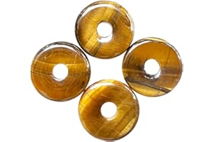 Ladeukoi Large Hole 7mm Round Gemstone Disc Lucky Coin Pendant Bead Charms for Jewelry Making, Polished Crystal Amulet Peace Circle Donut Stone Beads Supplies 1.18”(30mm),4Pcs, Tiger's Eye