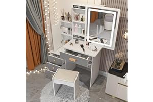 PREMTURE Schminktisch, Kosmetiktisch mit Spiegel und 4 Schubladen, Frisiertisch mit Hocker, Schminktische, Großer Stauraum, weiß und grau, MDF, 90 B x 40 T x 135H cm