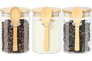 YUEYEE Meal Prep,Contenitore in Vetro con Coperchio e Cucchiaio,Set di Barattoli per Tè,Caffè e Zuccheriera, con Coperchio,Ermetici per Spezie,3 Barattoli da 600ml con Coperchio in Legno