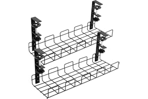 Mapille 2 Plateaux de Gestion des Câbles sous Bureau, sans Perçage Chemin de Câbles en Métal, Rangement Multiprise avec Pince Ajustable pour Bureau et Maison