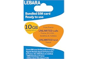 Lebara SIM - Llamadas ilimitadas y SMS Francia + Llamadas ilimitadas a 43 países + 10 GB - Lista para Usar