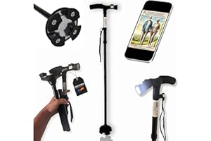 TIRIMBELES Bastón Plegable para Mayores con Luz LED | Extensible y Ajustable en Altura | Aluminio Ultraligero y Mango Acolchado | Base Antideslizante 4 Puntos | Seguridad Día y Noche | Evita Caídas