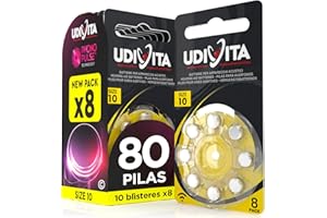 80 Pilas para Audífonos Tamaño 10 Udivita PR70 (Amarillo) Zinc-Aire Hearing Evolution Tecnología Phono Pulse - 10 Blísteres de 8 Pilas