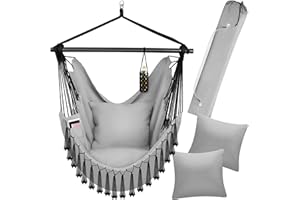 tectake® Hanging Chair in Boho Hammock Style with Tassels, Thick Cushions, Breathable Fabric, Side Pocket & Drink Holder, Incl. Carrying Bag - Durable Swing Chair for Indoor & Outdoor Use - Grey