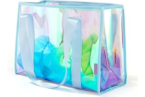 KUAK Large Beach Tote Bags for Women Gorgeous Iridescent Clear Tote Bag Waterproof Sandproof Beach Bag with Inner Waterproof Zipper Pocket, Tip-Proof for Swim Pool Travel Cruise Boat-Light Blue Strap