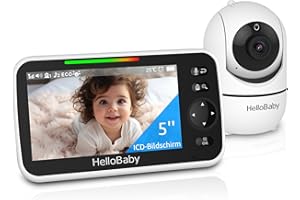HelloBaby Babyphone Caméra, 5'' Écran 30 Heures Batterie, Rotation de 355° Camera Bébé Surveillance Vidéo, sans WiFi, Vision Nocturne, ECO, Température, Talkie-Walkie, 8 Berceuses, 305m Longue Portée