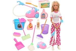 Festfun Doll Accessories Miniature Mop Dustpan Bucket Brush Dollhouse Miniature, Dollhouse Accessories Garden 1:12 Scale House Cleaning Tools for 11.5 Inch Doll Playset