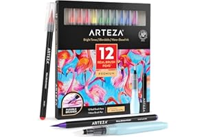 ARTEZA, Set di 12 pennarelli brush pen dalle tonalità vivaci, acquerellabili, sfumabili, con 1 pennarello water brush incluso, per scuola, casa e ufficio