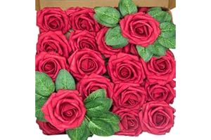 25PCs Red Roses ROYALLATO Artificial Flowers Artificial Roses Fake Flowers Red Foam Roses with Stem for Wedding Flowers Decorations DIY Bridal Bouquets Mother's Day Cake & Home Decorations Baby Shower