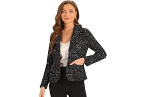 Allegra K Veste en Tweed à Carreaux Femme avec Bouton à Revers Cranté Blazer Élégant à Manches Longues