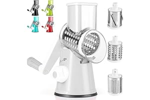 Dreamhigh® Käsereibe mit Kurbel, Gemüseschneider 3 Edelstahl Austauschbaren Trommelklingen, Manuelle Trommelreibe, Gemüsehobel, Starke Saugwirkung, Ideal für Gurken, Käse Nüsse, Karotten, Weiss