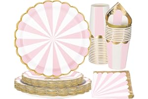 PARTY GO 96PCS Pink Party Supplies, Disposable Tableware Set, Includes 9" Plate Paper Plates, 7" Plate Paper Plates, Cups, Napkins, for Picnic, Happy Birthday Party