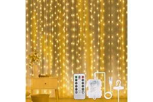 AOMIG Kurtyna świetlna LED, 3 × 3 m, 300 diod LED, 8 trybów, zdalne sterowanie, timer, regulowana jasność, wodoodporna, okienna, zasilanie USB i baterią, do sypialni, na imprezę, ciepła biel