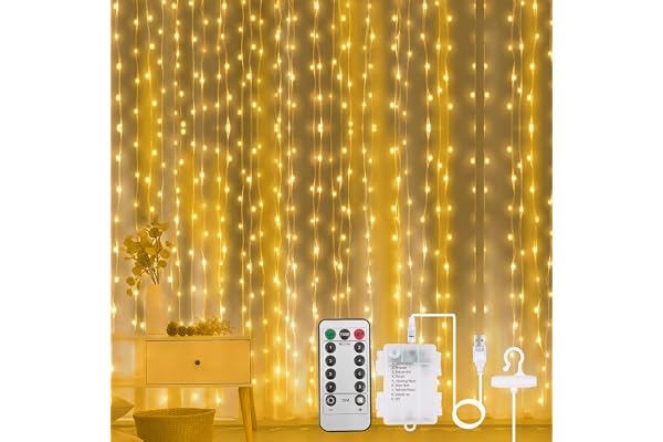 Aomig ljusridå 3x3m, gardin fairy lights 2 i 1 USB & batteri, LED ljusridå med 10 krokar & fjärrkontroll, 8 lägen, IP65 vattentät, juldekoration inomhus, bröllop, festdekoration-varm