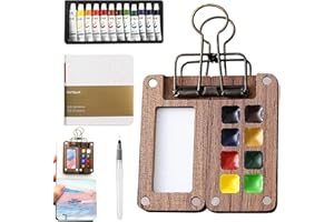 Xumann Portable Watercolor Palette, Pocket Artist Watercolour Travel Set, 8 Grids Wooden Travel Paint Palette with Metal Clip and 12 Colour Watercolour