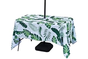 3E Home Outdoor Table Cloth,Splashproof Patio Round Table Cloth with Parasol Hole and Zipper for Garden Picnic BBQ Party [52X70 inch(132X178 cm) Palm leaf]
