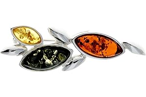 SilverAmber Jewellery UK - Genuine Baltic Amber & 925 Sterling Silver Multistone Classic Brooch/Pin - GL812