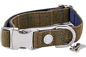 HUGO & HUDSON Tweed Dog Collar, Adjustable Quick Release Safety Metal Buckle, Dark Green Checked, L