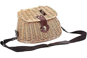 BEAHING Ciñera de Pesca, Cesta de Pescado Vintage, Cesta de Pescado de Mimbre con Tapa y Correas Ajustables Case de Pescado de Peces de Trucha clásica para Picnic de Pescadores