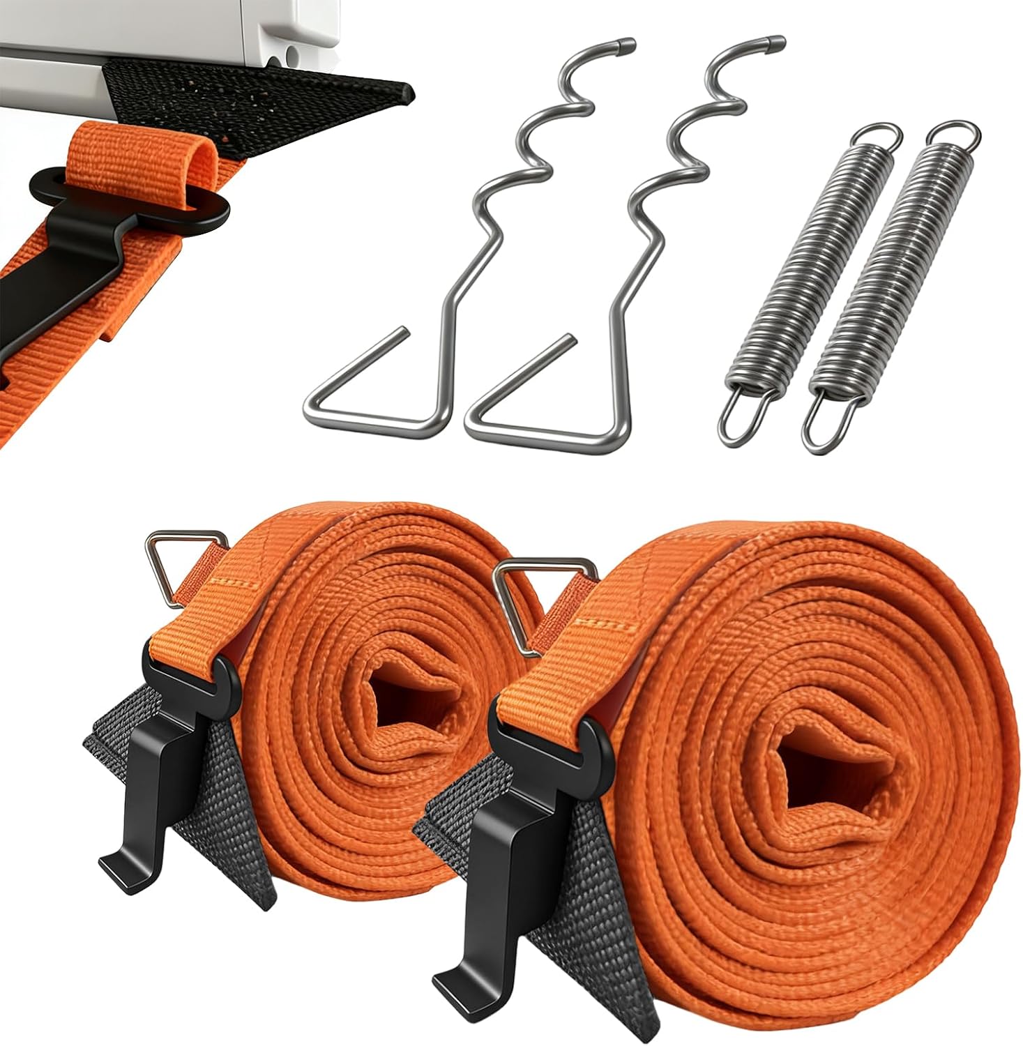 Awning Tie Down Kit for Motorhomes & Caravans, Universal Awning Storm Strap Kit with Adjustable Polyester Straps + Ground Anchors + Tension Springs + Storage Bag (Orange)