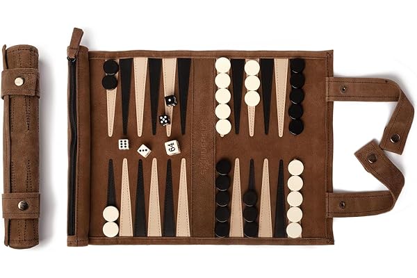 Sondergut - Backgammon (Mocca)/ hoprullbart Backgammonspel i äkta läder, resespel / vuxna barn för 2/tärningsspel brädspel / klassiker / gåva/strategi/Backgammon för resor
