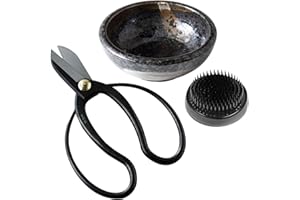 Wazakura Ensemble Arrangement Floral Ikebana Fabriqué au Japon, Ciseaux Koryu, Kenzan Noir, Vase à Fleurs en Céramique Sombre Minoyaki, Kenzan Pique Fleurs 61mm