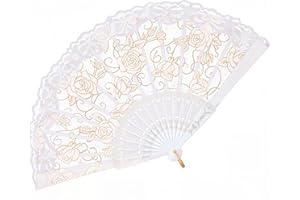 Ajcotahm Lace Folding Hand Fan White Rose Handheld Chinese Folding Fan for Wedding Bridal Dancing Tea Party