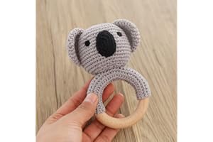 YIEUR Gehäkelte Babyrassel，grau Koala baby Häkeln Holz Greifling, Baby Sachen Beißring Geschenk zur Geburt Holzring, Holzspielzeug Handmade Junge und Mädchen (Koala)