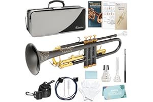 Kmise Bb Standard Trumpet, Premium Brass Trumpets for Student Beginner, Trumpet Instrument Set with Upgraded Case, 7C Mouthpiece, Mute, Beginner's Guide Kit, Cleaning Kit (Black & Gold)