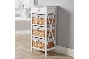 Home Source White Wooden Storage Unit Chest Water Hyacinth Basket Bedroom Organiser, 3 Drawer