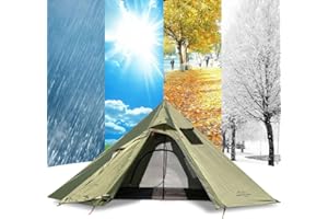 SOEKODU Outdoor Tents Teepee Tent for 1-2 People, Waterproof Four Seasons Family Pyramid Tent Camping Backpacking Hiking Mountaineering Heated Shelter Smokey Chimney, Easy Set Up (Green)