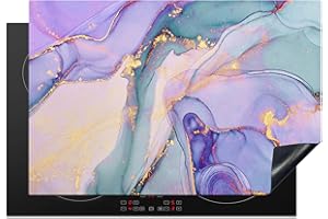 KitchenYeah© Coperchio Piano Cottura 77x51 cm Cucina Copri Fornelli Tappetino Induzione Antiscivolo Piastra Protezione Marmo - Viola - Bianco