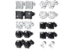 LOCCY 10 Paires de boucles d'oreilles en diamant pour les hommes Boucles d'oreilles pour hommes clous argent noir cubique zirconia pour garçons Boucles d'oreilles carrées pour hommes filles 8MM.