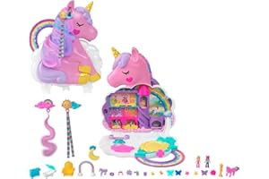 Polly Pocket Salón de Belleza Unicornio arcoíris Conjunto de Juego y Busto para peinar, minijuguetes, 2 muñequitas, más de 20 Accesorios y Funciones con Movimiento, HMX18