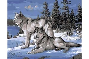 YEESAM ART Stationery Forest Snow Wolves, Paint by Numbers 16x20 inch DIY Painting Kits for Home Wall Decor (Wolf, Without Frame)