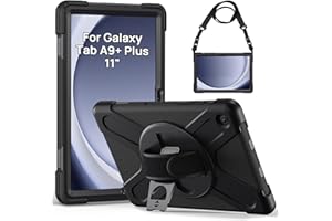 Gerutek Coque Antichoc pour Samsung Galaxy Tab A9 Plus 11" 2023 (SM-X210/X216/X218), Étui Armure Robuste avec Support Rotatif, Dragonne et Bandoulière Réglable, Housse pour Samsung Tab A9+ Plus, Noir