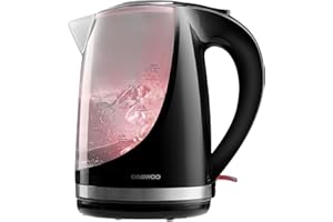 Daewoo 1.7L Cordless Kettle with Stainless Steel Lid - Colour Changing Indicator Lights - Glossy Black Plastic With Safety Locking Lid - Cordless Design - Black