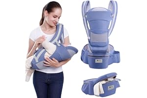 Lohofrnny Porte Bébé, Siège de Hanche Multifonction pour Porte Bebe de 0 à 36 mois, Porte-bébé ergonomique avec Siège de Hanche/Pur coton, Toutes Saisons, Charge Maximale 25 kg (Bleu clair)