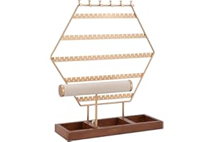 QILICZ Présentoir à bijoux en forme de T pour boucles d'oreilles - Support hexagonal avec bague et chaînes - Support pour bracelets et socle en bois or