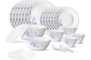 Larah by Borosil Blue Eve Silk Series Opalware Dinner Set | 35 Pieces for Family of 6 | Microwave & Dishwasher Safe | Bone-As