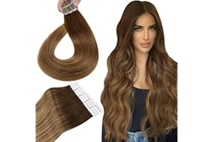 ‎HETTO Hetto Braun Tape in Extensions Echthaar Remy Extensions Tape in Echthaar #6/8/14 Mittel Braun zu Hellbraun und Dunkelste Blondine Tape in Haarverlangerung Extensions 50g 40 cm