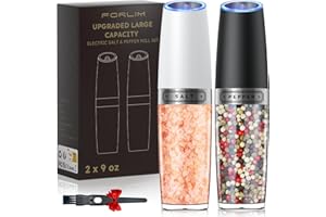 FORLIM Schwerkraft elektrische Salz- und Pfeffermühle Set, aufgerüstet 9 Oz Kapazität, batteriebetriebene Ein-Hand-Automatik, einstellbare Grobheit, LED-Licht - 2 Pack(Schwarz+Wei)