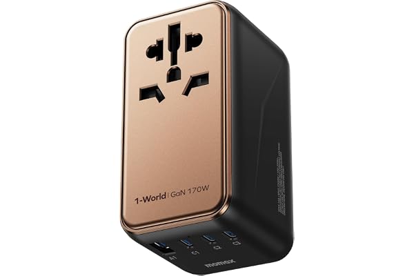 MOMAX Adaptateur Prise Universelle, Prise Universelle Voyage 170W GaN, 3 USB-C 1 USB-A, pour la Plupart des Pays Européens, Le Royaume-Uni, Les États-Unis, Le Japon et l'Australie (Type C/A/G/I)