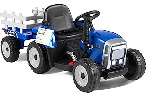 COSTWAY 12V 3-Gang Traktor mit abnehmbarem Anhänger und 2,4G Fernbedienung, Kinder Aufsitztraktor mit LED Lichtern, Musik, Hupe & USB Funktionen, geeignet für Kinder ab 3 Jahren (Blau)