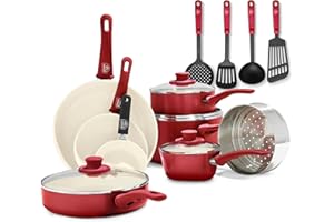 GreenLife Soft Grip Batterie de Cuisine avec Revêtement Antiadhésif Sain en Céramique Sans PFAS 16 Pièces, Avec des Poêles, Casseroles, Faits-touts, Marmites, Lave-vaisselle, Compatible au Four, Rouge